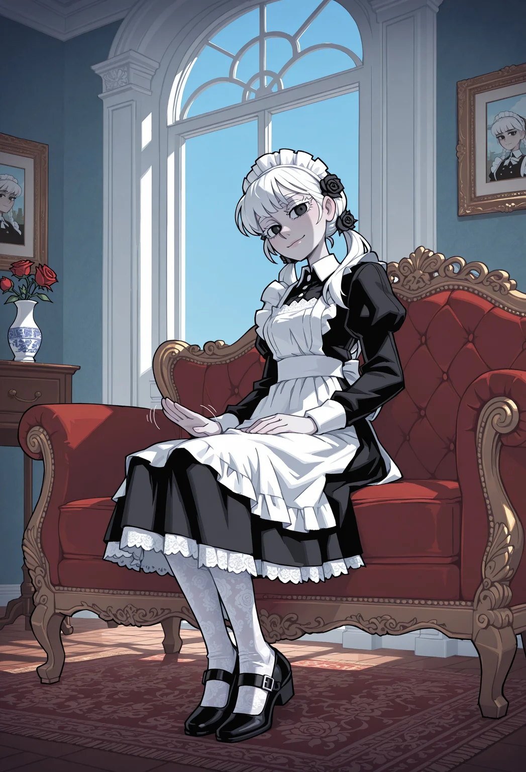 masterpiece, best quality, very aesthetic, highly detailed, absurdres, 1girl, solo, maid, maid apron, black dress, short skirt, long sleeves, black mary jane shoes, white lace pantyhose and maid headdress, white embroidery, pale skin, rose hair ornament, white hair, white eyelashes, white eyebrows, black eyes, glossy lips, twin tails, slender body, full body, cute, sitting on velvet sofa, lap pillow invitation, patting lap, head tilt, light smile, looking at viewer, looking aside, from side, indoors, rich chateau, porcelain collection, fancy paintings, blue sky, ambient light, soft light, vanripper
