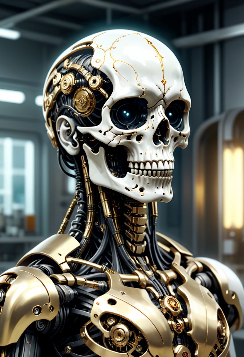 gold tribal warpaint tattoos on skull, Cyberpunk,sci-fi,dark-fantasy,kodak portrait 400,8k,soft light,volumetric lighting,highly detailed,britt marling style 3/4,portrait photo of a war man cyborg robot in a chemical laboratory + face,face is skullbone, intricate,elegant,highly detailed,white porcelain and gold,2D motifs detailed dark fantasy digital painting,artstation,concept art,smooth,sharp focus,illustration. Cosmic light in backfront,