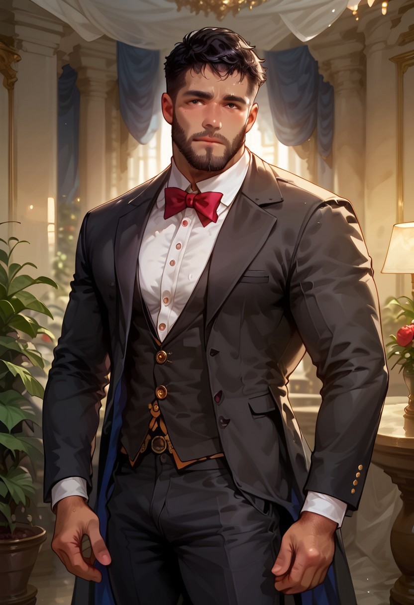 safe_pos, score_9, score_8_up, score_7_up, rating_explicit, looking at viewer, source_anime,  handsome, full beard, hairy, dark skin, horny, dark eyes, young daddy, muscular, (black hair, black suit, white shirt, bulge in pants), Perfect erect, solo, sexy,  BREAK, romantic night, large windows, potted plants, blue curtains, gold details, zPDXL3, Expressiveh, 