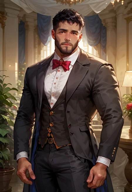 safe_pos, score_9, score_8_up, score_7_up, rating_explicit, looking at viewer, source_anime, handsome, full beard, hairy, dark skin, horny, dark eyes, young daddy, muscular, (black hair, black suit, white shirt, bulge in pants), Perfect erect, solo, sexy, BREAK, romantic night, large windows, potted plants, blue curtains, gold details, zPDXL3, Expressiveh,