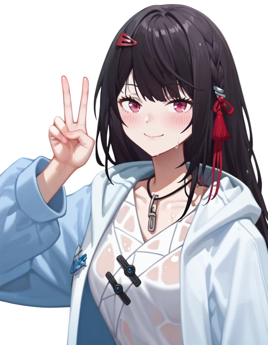 score_9,score_8_up,score_7_up,
simple background,blush,white background,
<lora:yanzhen_pony:0.6>,glcyanzhen,1girl,solo,v,white background,looking at viewer,hair ornament,long hair,jacket,smile,necklace,bangs,upper body,simple background,jewelry,pink eyes,black hair,closed mouth,long sleeves,hood,anime screencap,AIU,wet,shiny skin,thighs,<lora:AIU 0.6v:0.6>,<lora:Anime_Screencap:1>,