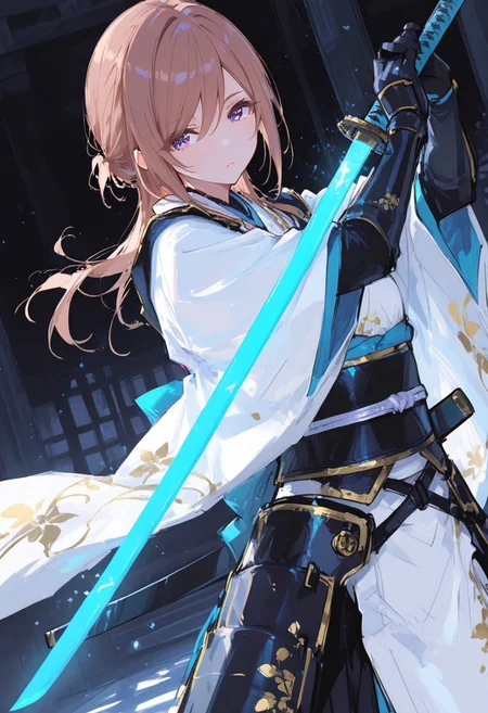 ma1ma1helmes_b_illu,sketch, 1girl, gakumas, rinami, klskx, 748cmstyle, long hair, kimono armor, katana,dutch angle, close-up, BREAK styling pose, fashion pose, bloom, soft lighting, BREAK perfect details, masterpiece, best quality, ultra-detailed, best illustration, high resolution, extremely detailed CG, unity 8k wallpaper, super detailed skin, perfect anatomy, detailed, cinematic lighting, dynamic lighting, light particles, abstract, beautiful detailed eyes, absurdres, very aesthetic, detailed background, depth of field