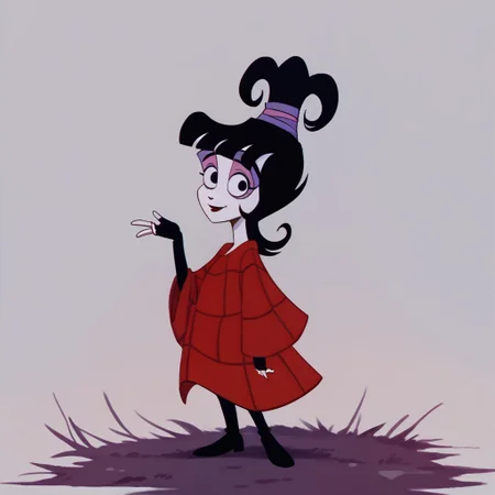 score_9, score_8_up, score_7_up BREAK LydiaDeetz, 1girl, black hair, blunt bangs, black eyes, ponytail, purple pink ponytail scrunchie, red lipstick, pink eyelids, purple eyeshadow, long red spiderweb poncho, fingerless black gloves, smiling at viewer, full body,