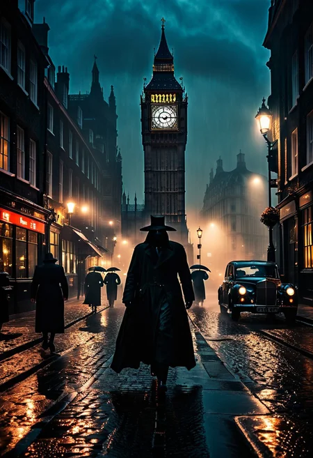 the horrors of the night, scary, demon, whispers in the night, midnight, fog, rain, plague doctor, london, cobblestone street, big ben in the background, people running in fear, old fashioned cars, darkness, street lights