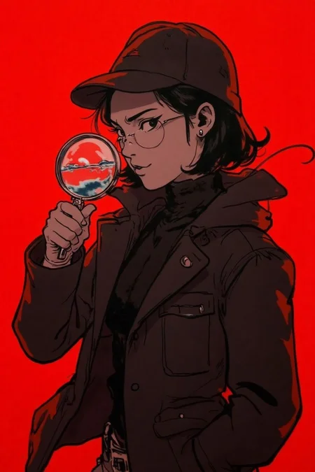kj9 illustration.
Portrait of a female detective scowling into a magnifying glass. The glass is crystal clear, showing a water portal through the glass. The detective is wearing a black suit that emanates her shadowy figure.
The background is a solid, vibrant red, which contrasts starkly with her attire and hair, drawing attention to her features. The lighting in the image is soft and even, casting a subtle glow on her skin and hair, giving a slightly ethereal quality. The texture of her sweater is smooth and slightly reflective, suggesting a high-quality fabric. The overall style of the illustration is hyper-realistic, with meticulous attention to detail in the facial features, hair, and clothing. The character's expression is slightly mischievous, with a hint of a smirk, adding a playful element to the image. The composition is slightly tilted upward, giving a sense of intimacy and closeness to the viewer. Realistic anime style.
<lora:kj91_cap_d6a3e12:1.0><lora:819907105311103318:0>