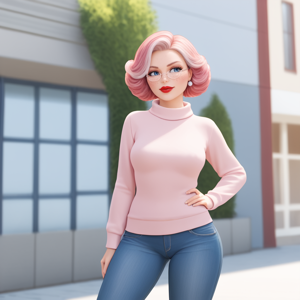 <lora:MrClaus_pony_v1:1>  MrsClaus, 1girl,  glasses, round eyewear,  solo, blue eyes, red lips, lipstick, makeup,  short hair,  pink hair, freckles, cowboy shot, sweater, jeans