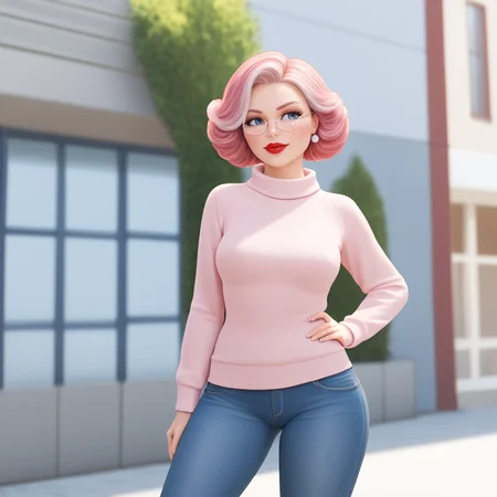 <lora:MrClaus_pony_v1:1>  MrsClaus, 1girl,  glasses, round eyewear,  solo, blue eyes, red lips, lipstick, makeup,  short hair,  pink hair, freckles, cowboy shot, sweater, jeans
