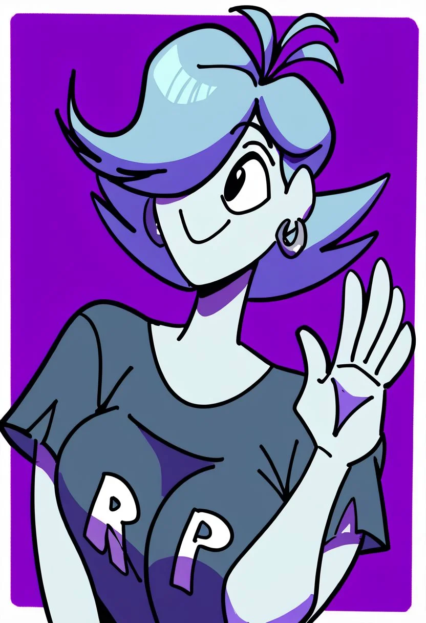 score_9, score_8_up, score_7_up, score_6_up, score_5_up, score_4_up, Wappah \(Artist\), @Wappah01,1girl, solo, shelly winslow (Ghost) \(Wappah\), blue skin, blue hair, shirt, hair over one eye, black eyes, waving, purple background