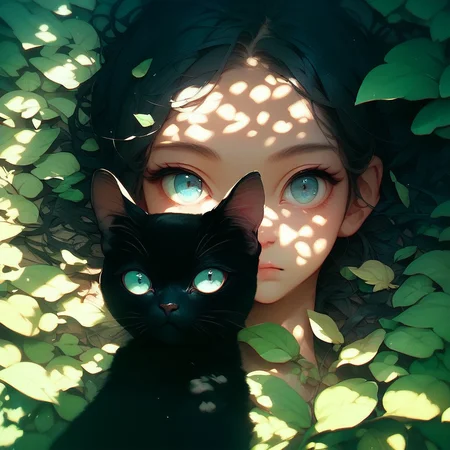 aaPO8bd, score_9,score_8_up,score_7_up,score_6_up,score_6_up, 1girl, blue eyes, black cat, look at viewer, eye focus, animal, leaf,dappled sunlight, black hair, solo