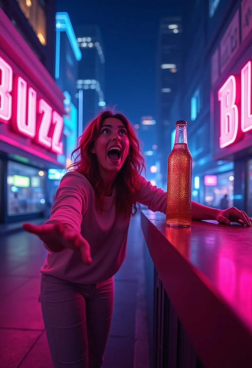 An excited person begging for a drink called 'Buzz' in a neon-lit futuristic city at night. The scene is energetic, with glowing signs that say 'Buzz' in bold letters, vibrant colors reflecting off the glass windows of tall skyscrapers, and the person with wide, eager eyes reaching out toward a bottle of 'Buzz' on a nearby counter. Buzzing electricity fills the air with a sense of urgency and excitement