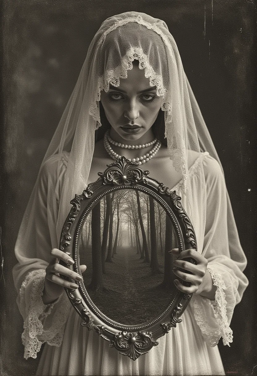 A ghostly, ethereal scene of a woman draped in a white, lacey veil, holding an ornate, oval mirror that reflects a dark, eerie forest. Her face is obscured by the mirror, and she is adorned with pearl jewelry, enhancing the haunting, otherworldly atmosphere. sepia toned photograph, dark atmosphere, victorian era,, <lora:anatomica-chalk_v20_rank64_bf16-step03000:1>, vicgoth