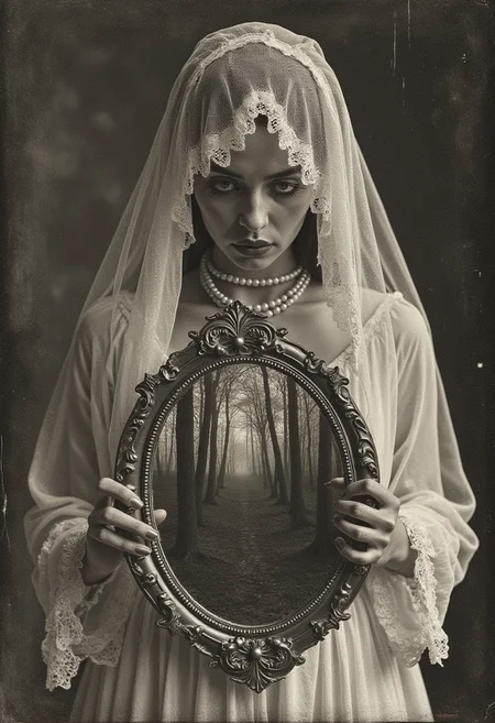 A ghostly, ethereal scene of a woman draped in a white, lacey veil, holding an ornate, oval mirror that reflects a dark, eerie forest. Her face is obscured by the mirror, and she is adorned with pearl jewelry, enhancing the haunting, otherworldly atmosphere. sepia toned photograph, dark atmosphere, victorian era,, <lora:anatomica-chalk_v20_rank64_bf16-step03000:1>, vicgoth