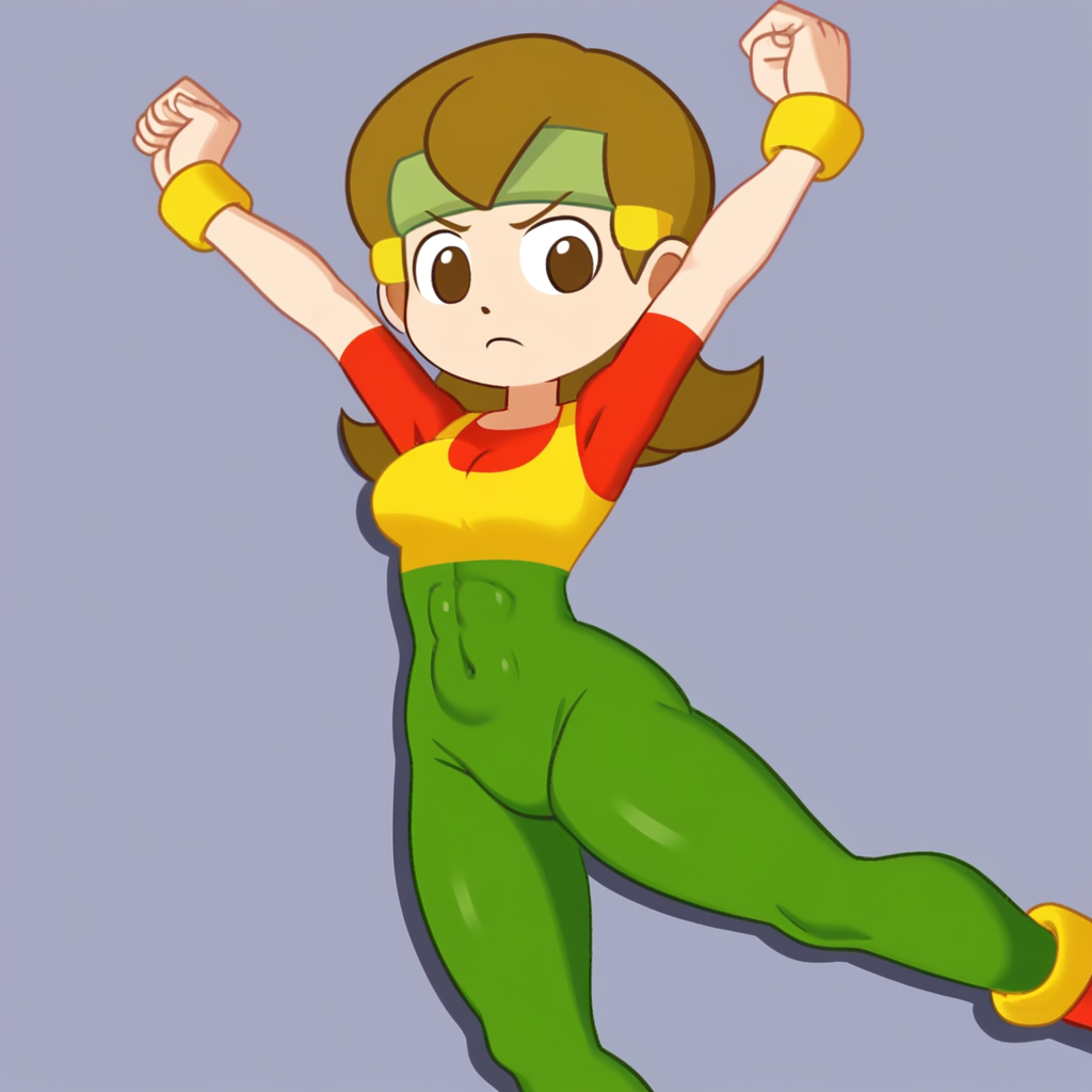 1girl, human, 5-volt, brown hair, green sweatband, leotard, exercise outfit