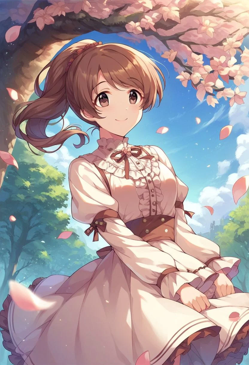 score_9, score_8_up, score_7_up, score_6_up, score_5_up, score_4_up,shiina noriko, brown hair, brown eyes, ponytail, 1girl, solo, tree, petals, outdoors, smile, sky, dress, day, frills, wind