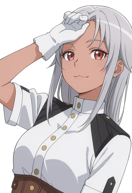 Smooth Quality,masterpiece, ultra realistic,
simple background, white background,
dutch angle,;3,Hand on own forehead,
 <lora:AquaErisCnn:0.8>Aqua/Cnn, Sist/Cnn, long hair, 1girl, red eyes, dark-skinned female, uniform, grey hair, gloves,