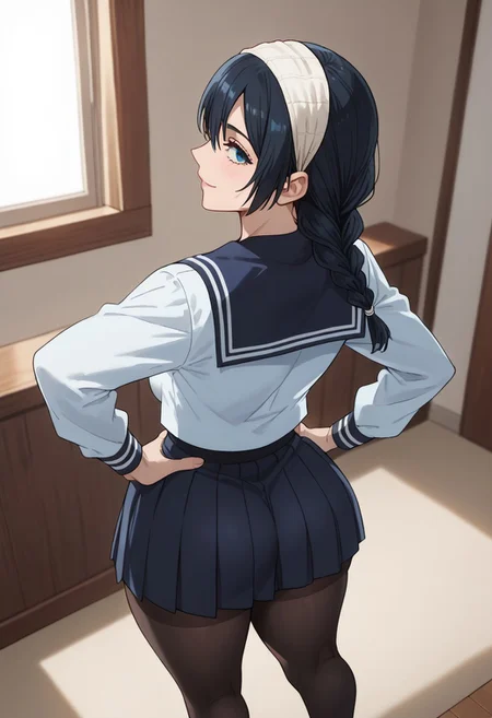 score_9_up, score_8_up, score_7_up, score_6_up, score_5_up, score_4, source_anime, 1girl, riko, black hair, braid, blue eyes, headband, school uniform, blue sailor collar, white serafuku, blue pleated skirt, black pantyhose,
solo, room, medium breasts, huge butt, hips, thighs, thick thighs, standing, (back:1.2), arched back, hands on hips, looking at the viewer, above view, easynegative, ng_deepnegative_v1_75t, smile