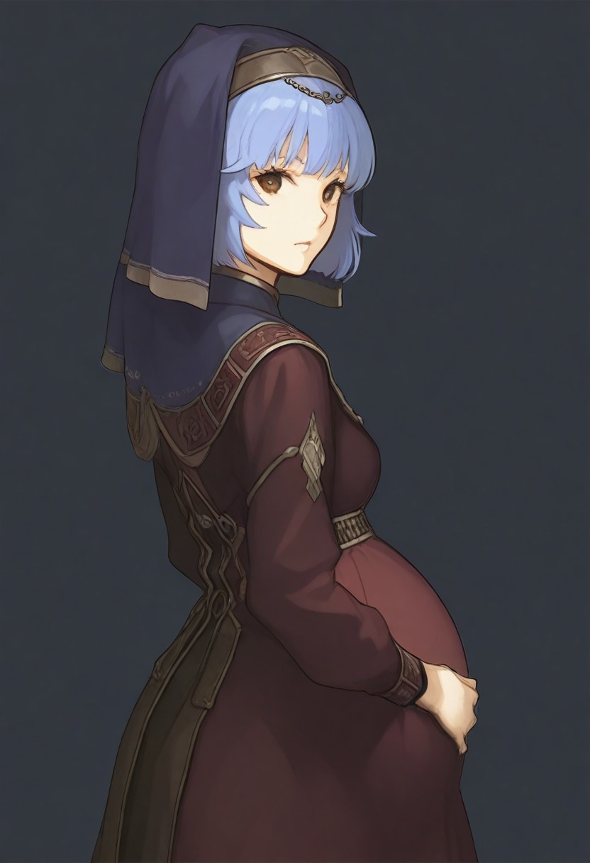 score_9, score_8_up, score_7_up, detailed, 
, clothed, pregnant, 
<lora:FE_Echoes_Shadows_of_Valentia_-_ArtStyle:1>, FE-Sh4d0ws, 1girl, solo, looking at viewer, short hair, simple background, long sleeves, white background, dress, brown eyes, blue hair, standing, upper body, looking back, from behind, veil, masterpiece, best quality, amazing quality, masterwork, cinematic light, harsh shadows, light and shadows, perfect composition ,