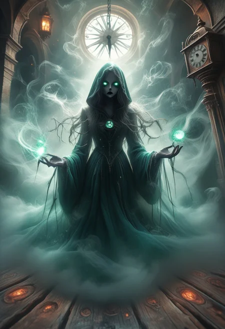 Trippy , lsd- art, The figure of Death is dressed in a black traditional uniform hooded cloak and holds a large staff. She sits on a large clock similar to the dial of an antique wall clock, which shows 12 o'clock. There are many other clocks around. The figure of Death is depicted in a dark and sinister way, creating an atmosphere of mystery and the inevitability of time. The clock is suspended vertically, and the pendulum swings downward, creating a sense of movement and the passage of time. The overall style of the image is simplicity and contrast, using an emerald-ochre palette to emphasize the drama of the scene. trippy