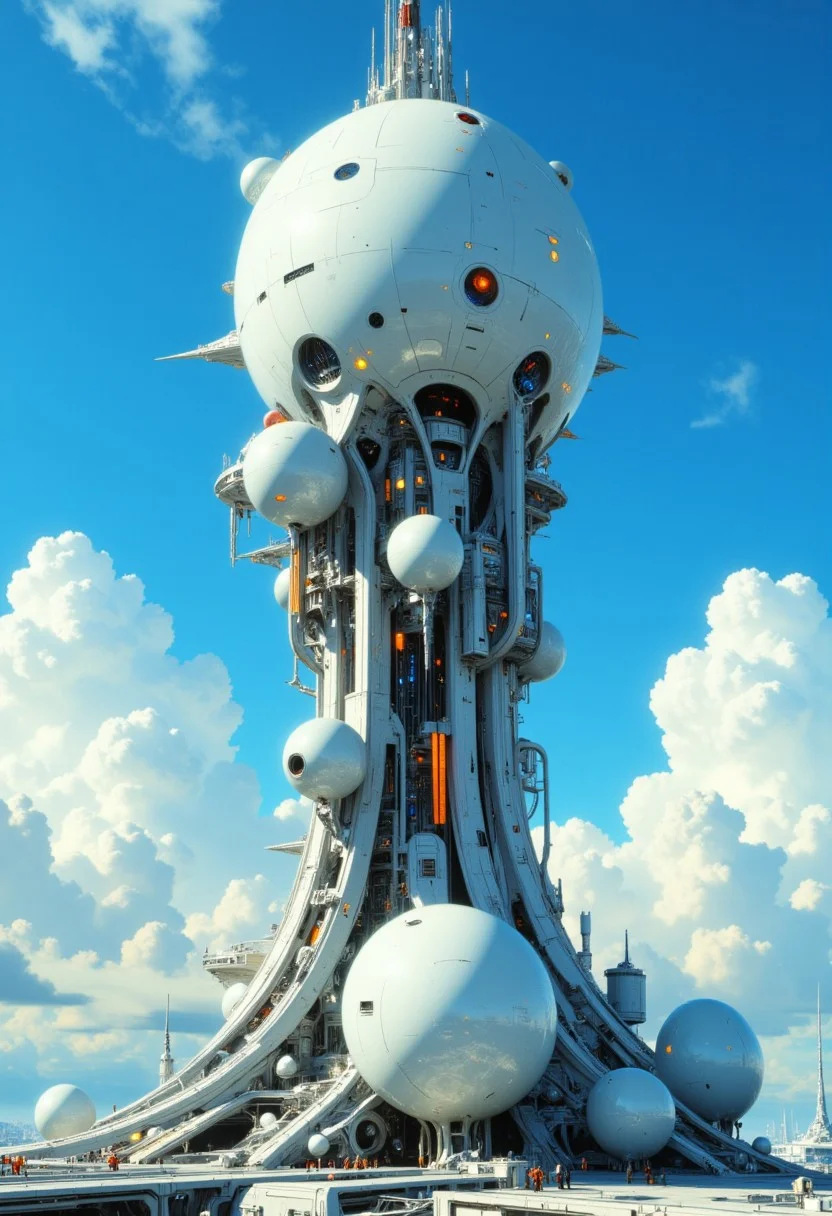 highest details, ultra hyper realism. highly detailed and realistic. intricate and highly professional artwork, an absolute masterpiece.
This is a highly detailed, digitally rendered CGI image showcasing a futuristic, towering structure resembling a fusion of mechanical and organic elements. The structure is predominantly white with accents of orange and blue, and is adorned with various spherical and cylindrical appendages. The background features a vibrant blue sky filled with fluffy white clouds, adding a sense of depth and contrast. The perspective is from a low angle, emphasizing the towering height and intricate design of the structure. The lighting is bright and even, enhancing the clarity of the details. The aesthetic quality of the image is very high, with a mix of realistic textures and imaginative design.