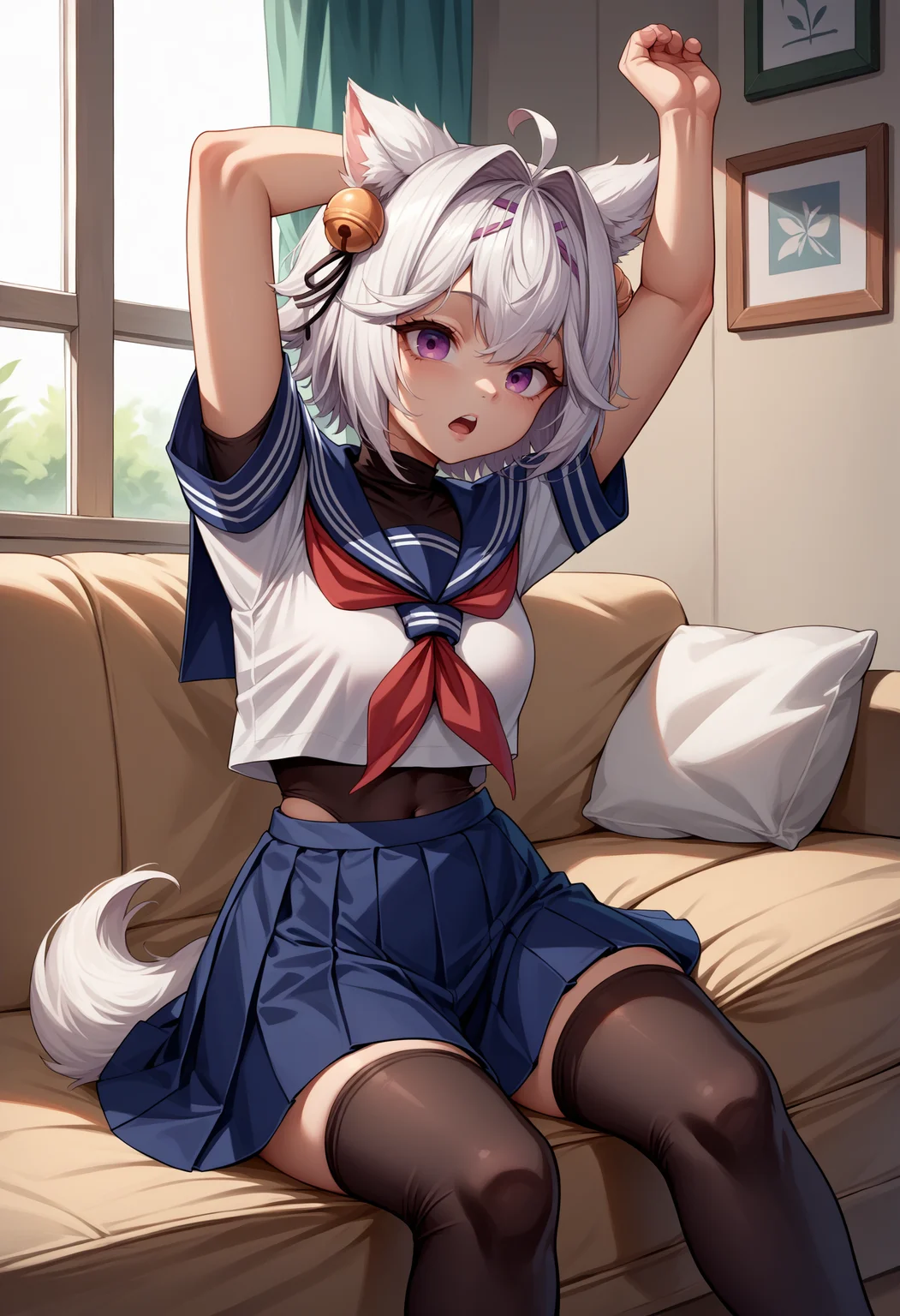score_9, score_8_up, source_anime, 1girl, solo, FilianSailor, tail, short hair, hairclip, hair bell, serafuku, red neckerchief, swimsuit under clothes, covered navel, blue skirt, black thighhighs, indoors, sitting, on couch, stretching, arms up, open mouth, <lora:ChamFilianPonyXL:1>