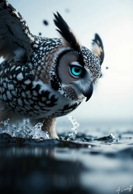 Low-angle shot, 105mm telephoto lens with extreme zoom distortion, pronounced motion blur on water, deep f/1.4 depth of field. Abstract scene with cool monochromatic tones. A stylized owl with piercing blue eyes and fragmented feather patterns dominates the composition. The owl's head is tilted slightly to the right, with its beak pointing downward. The eye is the focal point, surrounded by a halo of light. The feathers appear to be exploding outward, creating a sense of movement and dynamism. The background is a gradient of white to light gray, enhancing the ethereal quality of the image.<lora:CustomFlux/MysticRealism.safetensors:1.0000000000000002:1.0000000000000002>