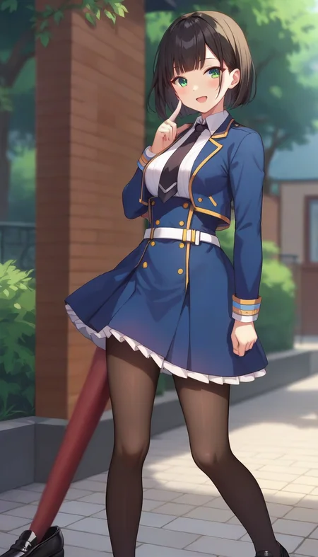 score_9,score_8_up,score_7_up,score_6_up BREAK official art,1girl,solo,outdoors,upper body,(portrait:1.5),looking at viewer,facing viewer,smile,blush,Fenris Squadmate,short hair,black hair,bob cut,blunt bangs,green eyes,blue jacket,cropped jacket,open jacket,wing collar,black necktie,white shirt,collared shirt,dress shirt,long sleeves,medium breasts,double-breasted,white belt,blue skirt,high-waist skirt,pleated skirt,frilled skirt,brown pantyhose,loafers,black footwear,<lora:Fenris Squadmate(sgmt)-Pony:1.2>,