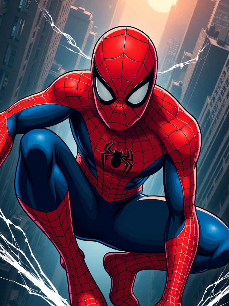 Poster Design Concept: "Spider-Man: Web of Dreams"
Overall Style:

Vibrant Red and Blue Comic Book Aesthetic: The poster will feature a classic comic book style, with bold lines and vibrant colors, capturing the essence of Spider-Man’s iconic look.
Key Elements:

Spider-Man as the Central Figure: Spider-Man will be depicted in a dynamic web-slinging pose, showcasing his agility and strength.
Expressive Mask: The mask will be rendered with glossy highlights, emphasizing his determined eyes and creating an air of mystery.
Webbing Effect: The background will feature intricate webs woven throughout the design, symbolizing his connection to the city and his role as a protector.
Background Design:

Urban Cityscape: The backdrop will be a stylized version of New York City, with skyscrapers and rooftops, rendered in a mix of dark blues and blacks to create depth.
Dynamic Action Elements: Incorporate elements like swooping lines and motion blurs to suggest movement, giving a sense of speed and excitement as Spider-Man swings through the city.
Color Palette:

Bold Red, Blue, and Black: Use vibrant reds and blues for Spider-Man’s suit, contrasted with darker shades for the cityscape, creating a striking visual balance that draws the eye.
Overall Effect:
This poster will transform Spider-Man into a symbol of heroism and resilience, set against the backdrop of a bustling city. The comic book style and vibrant colors will create a visually engaging image that resonates with fans of all ages, embodying the themes of responsibility, courage, and adventure that define Spider-Man’s character. The design aims to capture the essence of the superhero genre while celebrating Spider-Man’s enduring appeal and popularity.