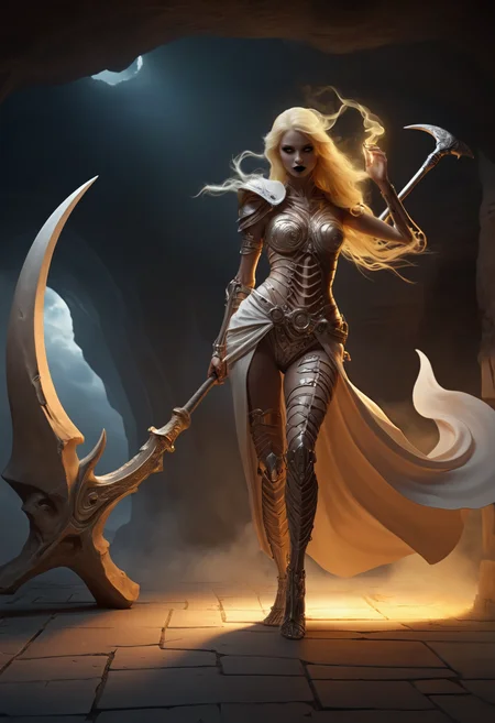 An epic fantasy concept artwork of a skeletal barbarian, creating an eerie scene evoking peculiar nostalgia.  She is parrying forcefully equipped with an alabaster-made plasma-scythe. The enormous scythe's muted ochre charged blade curves menacingly, in shape of a crescent moon, forged for sweeping strikes cleaving through metal, flesh and soul alike.  Her lithe physique is dressed in a baroque combat-catsuit with a tattered design, featuring wide ribbons tightly wrapped around the thinnest areas to contrast the body's shape, paired with sharp teeth worked into the design, emphasizing her savage allure. Tattered strips of cloth are wrapped around her slender silhouette like ancient scrolls. The fabric is woven from a blend of synthetic components, creating a texture that shimmers in reaction to the surrounding lighting.  A bone-carved pair of horns adorns her head, wild luminescent blonde hair visible beneath.  Taking place on a bone-made skybridge with an illuminated design and dynamic displays hanging from the rafters showcasing muted ochre, large digital eyes looking back at the viewer. Overlooking an endless horizon spanned by a grid-like energy-lattice glowing brightly. Overwhelming threat is lingering in the atmosphere.  The concept artwork's style is vibrant, mystical as well as epic. The color scheme is characterized by vivid tones.