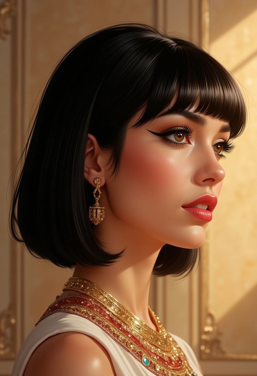 Stunning illustration of Cleopatra, straight-cut bob, black hair, bangs, ancient egyptian-style earrings and elaborate necklaces, egyptian eyeliner, red lips, side profile, lighting from one side, detailed eyes