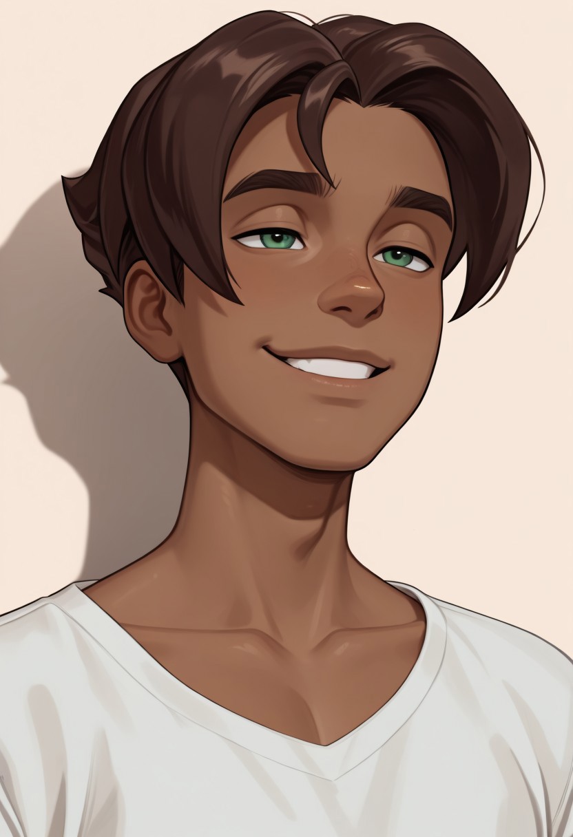 masterpiece, absurdres, high quality, perfect anatomy, 1boy, solo, cute boy, male focus, Presley, Dark Skin, Brown Hair, Green Eyes, collarbone, smug smile, parted lips, intricately detailed illustration, masterpiece, best quality, amazing quality, very aesthetic, absurdres, newest, very awa,  shadow, portrait, simple background,