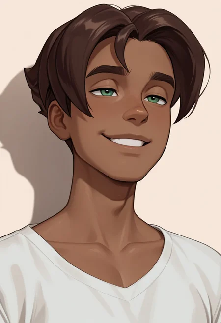 masterpiece, absurdres, high quality, perfect anatomy, 1boy, solo, cute boy, male focus, Presley, Dark Skin, Brown Hair, Green Eyes, collarbone, smug smile, parted lips, intricately detailed illustration, masterpiece, best quality, amazing quality, very aesthetic, absurdres, newest, very awa,  shadow, portrait, simple background,