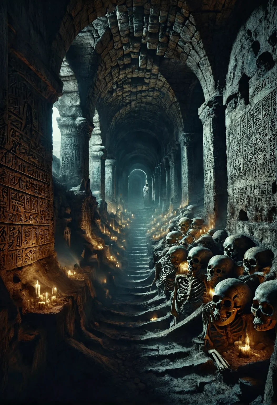 ais-rcn, the winding catacombs beneath an ancient city, skeletons lining the walls in silent vigil, with cryptic symbols carved into the bones that seem to shift in the torchlight <lora:ais-rcn-sdxl:1>, cinematic