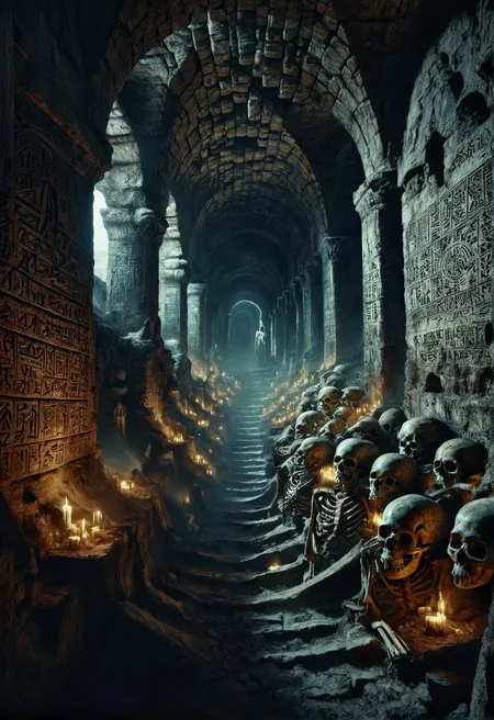 ais-rcn, the winding catacombs beneath an ancient city, skeletons lining the walls in silent vigil, with cryptic symbols carved into the bones that seem to shift in the torchlight <lora:ais-rcn-sdxl:1>, cinematic