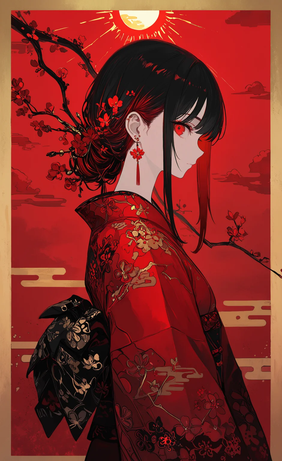 masterpiece, best quality, good quality, very awa, newest, highres, absurdres, 1girl, solo, long hair, looking at viewer, black hair, red eyes, closed mouth, jewelry, upper body, flower, multicolored hair, sidelocks, earrings, red hair, japanese clothes, cloud, kimono, from side, profile, border, floral print, red background, branch, sun, print kimono, red theme, egasumi, limited palette, <lora:illustriousXL_stabilizer_v1.23:0.3> <lora:NOOB_vp1_detailer_by_volnovik_v1:0.3> <lora:ponyv6_noobE11_2_adamW-000017:0.3> <lora:114558v4df2fsdf5:0.6> <lora:XXX667:0.4> <lora:mon_monmon2133:0.5>