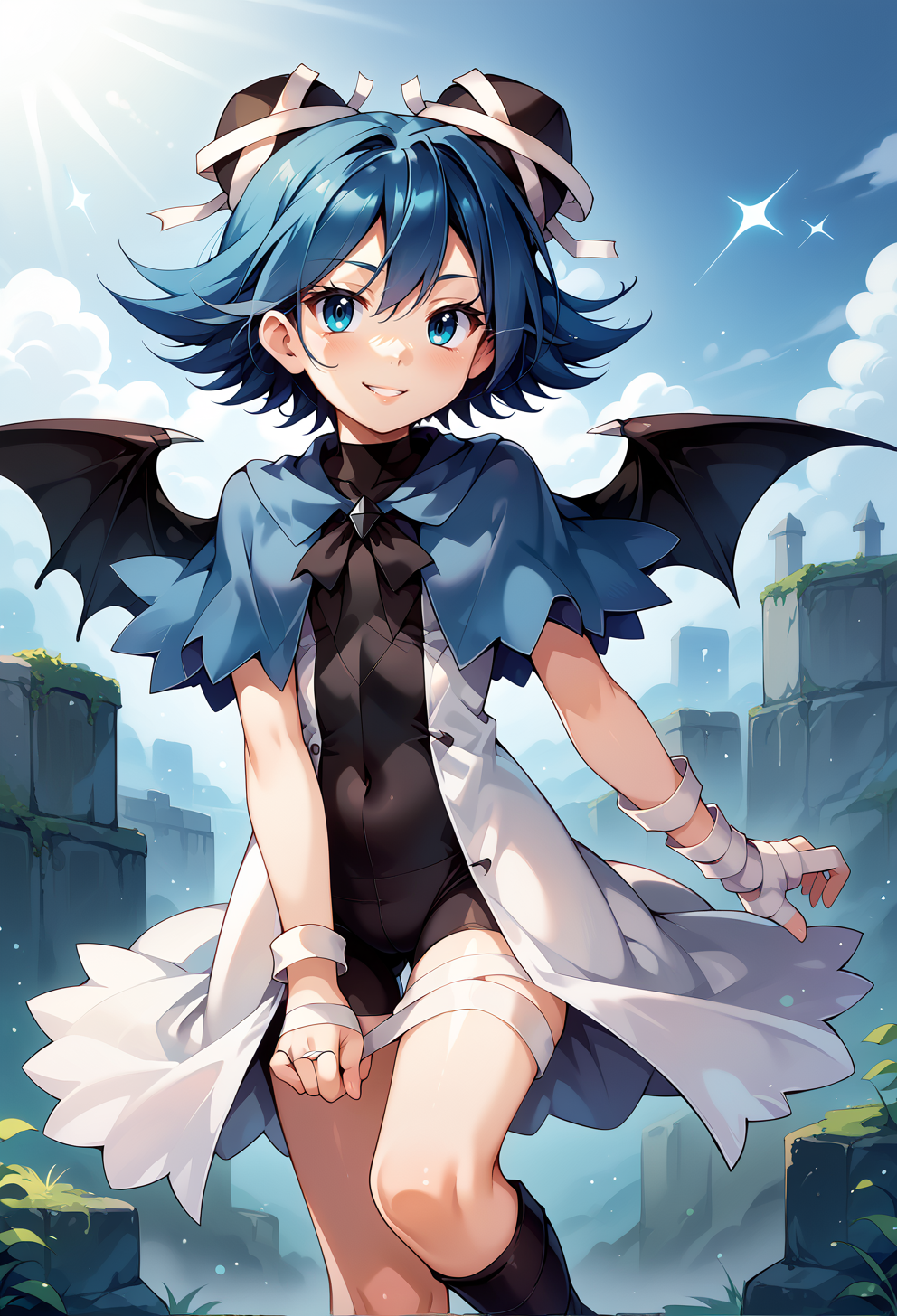 score_9, score_7_up, source_anime, BREAK <lora:kamiya_yuu-Style-PonyXL-GLoRA:0.75> solo,  <lora:Serene-Pony150per16Dim:1> serene_riviera, short_hair, blue_capelet, wings, white_coat, black_bodysuit, black_headwear, bandages, std_outfit, smile,