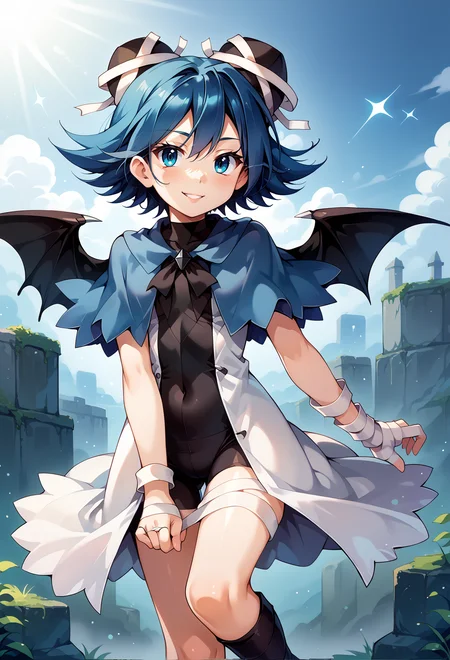score_9, score_7_up, source_anime, BREAK <lora:kamiya_yuu-Style-PonyXL-GLoRA:0.75> solo, <lora:Serene-Pony150per16Dim:1> serene_riviera, short_hair, blue_capelet, wings, white_coat, black_bodysuit, black_headwear, bandages, std_outfit, smile,