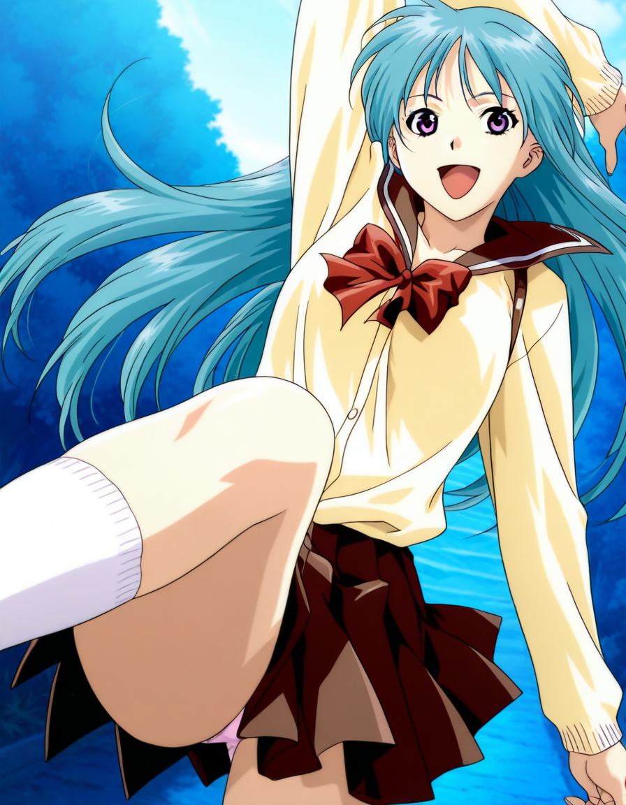score_9, score_8_up, score_7_up, source_anime, anime, anime screencap, official style,BREAK official art, solo, 1girl, one girl, 
<lora:ikusawa_kyouko:1>, ikusawa kyouko, long hair, blue hair, purple Eyes, 
school uniform, big smile,
sensitive, dynamic angle, dynamic pose, 
(masterpiece:1.3), best quality, high resolution, unity 8k wallpaper, (illustration:1.2), 8K,