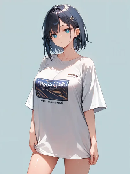 score_9, score_8_up, score_7_up,source_anime, high res image,masterpiece,best quality,(girl,big breasts:1.0),cute face,clear skin,shiny hair,ultra detailed eyes,simple background,  <lora:oversized shirt_pony_V1.0:0.8> oversized shirt