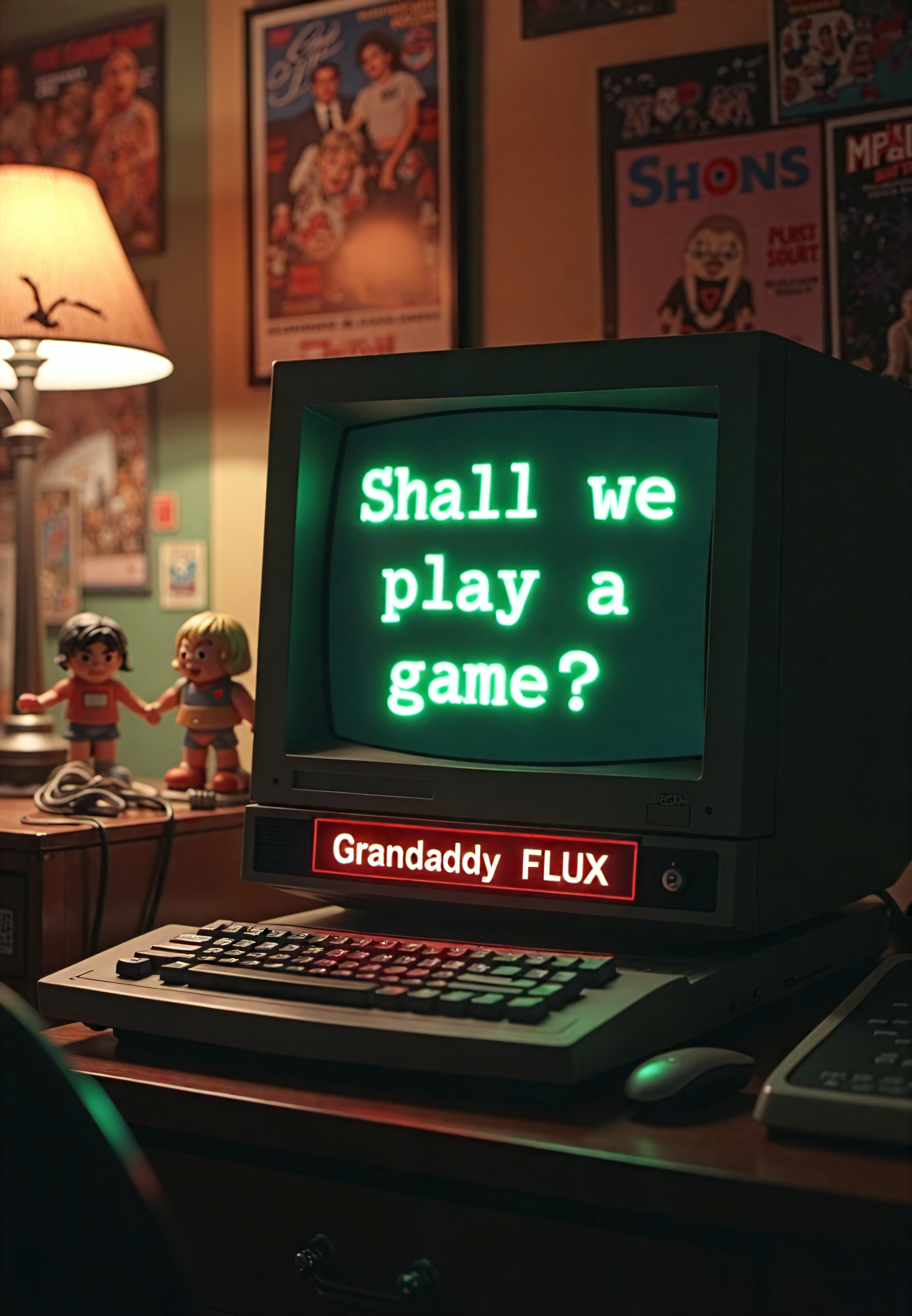 the image is a movie scene from the 1980s, shot is centered on a vintage desktop computer screen, the screen is black and in green-matrix-style font it reads "Shall we play a game?",a large nameplate across the bottom of the computer reads "Grandaddy FLUX" in bold font. The room around the scene is a dark and cluttered bedroom of a college student with movie posters and collectible action figures, the lighting is focused on the desktop and the computer screen. the air is smoke filled