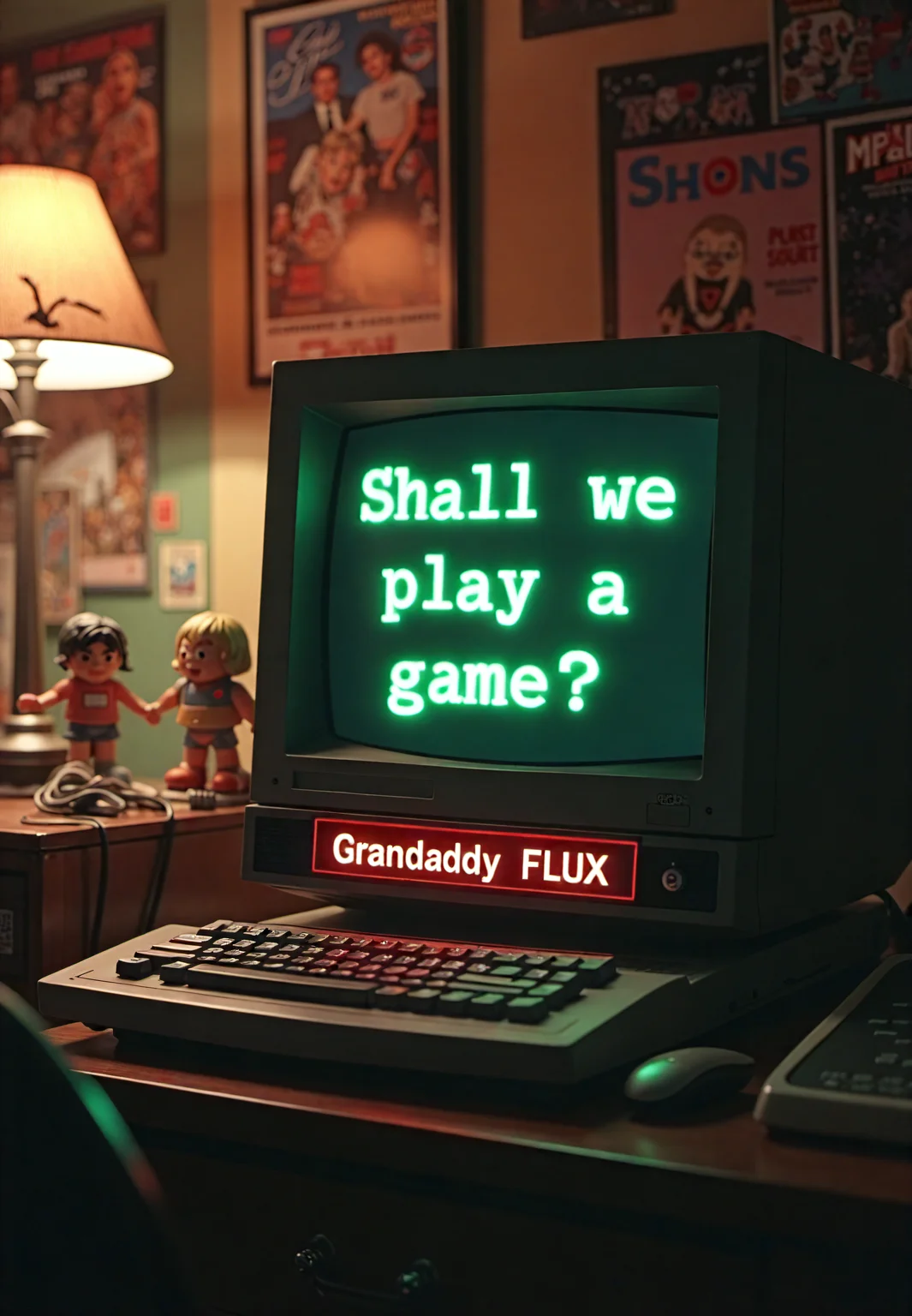 the image is a movie scene from the 1980s, shot is centered on a vintage desktop computer screen, the screen is black and in green-matrix-style font it reads "Shall we play a game?",a large nameplate across the bottom of the computer reads "Grandaddy FLUX" in bold font. The room around the scene is a dark and cluttered bedroom of a college student with movie posters and collectible action figures, the lighting is focused on the desktop and the computer screen. the air is smoke filled