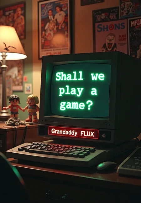 the image is a movie scene from the 1980s, shot is centered on a vintage desktop computer screen, the screen is black and in green-matrix-style font it reads "Shall we play a game?",a large nameplate across the bottom of the computer reads "Grandaddy FLUX" in bold font. The room around the scene is a dark and cluttered bedroom of a college student with movie posters and collectible action figures, the lighting is focused on the desktop and the computer screen. the air is smoke filled