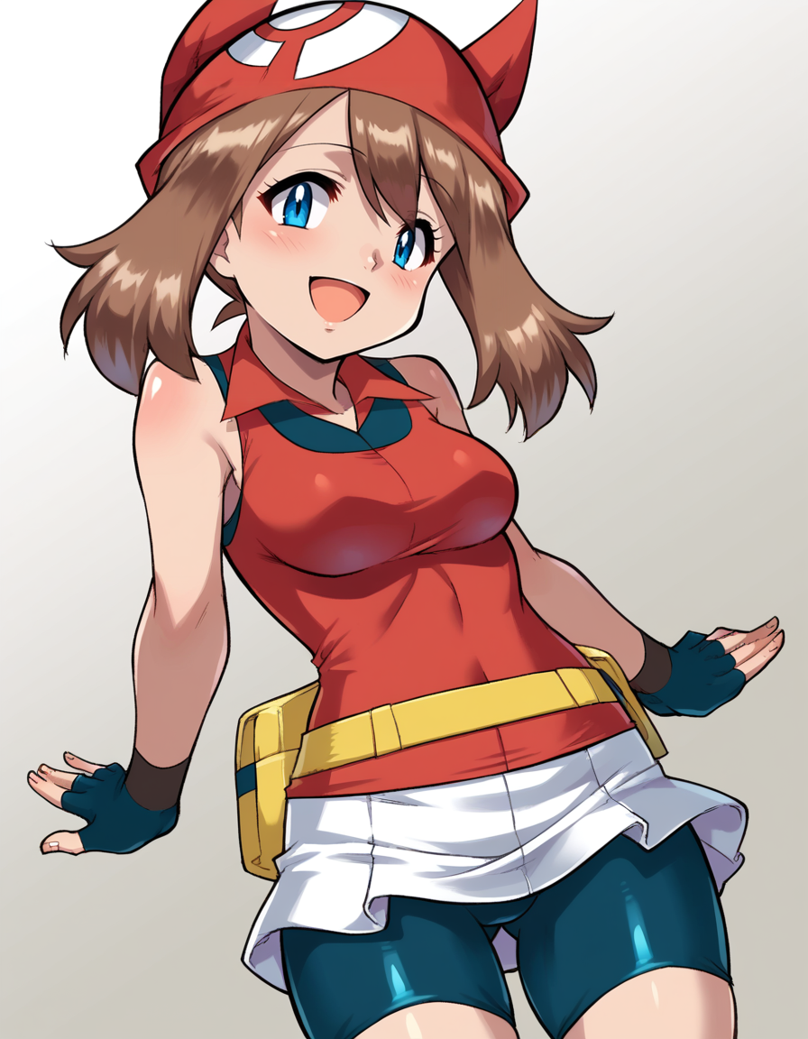 zPDXL, score_9, score_8_up, score_7_up, score_6_up, score_5_up, score_4_up, 1girl, solo,
<lora:Daikin_v1-18:1> dkn, may \(pokemon\), blue eyes, brown hair, medium breasts, red shirt, sleeveless, fingerless gloves, black gloves, miniskirt, white skirt, bike shorts, blush, open mouth, smile, :D
