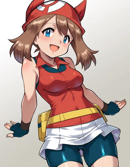 zPDXL, score_9, score_8_up, score_7_up, score_6_up, score_5_up, score_4_up, 1girl, solo,
<lora:Daikin_v1-18:1> dkn, may \(pokemon\), blue eyes, brown hair, medium breasts, red shirt, sleeveless, fingerless gloves, black gloves, miniskirt, white skirt, bike shorts, blush, open mouth, smile, :D