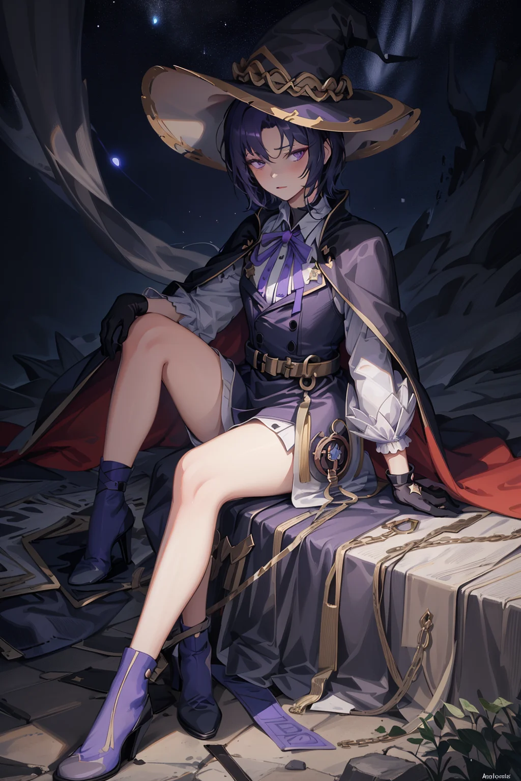 ((masterpiece:1.2, best quality)), 1girl, solo, (witch hat), dark purple hair, short hair, dress, aurora, night, star (sky), gloves, sky, white dress, night sky, starry sky, dark purple eyes, ribbon, trench coat, hair ribbon, cape, magic, casting spell, dark clouds, night, (art nouveau:1.4), (tarot:1.3), alphonse much,sideburns,(long coat:1.5),toga,robe,cassock,full body,