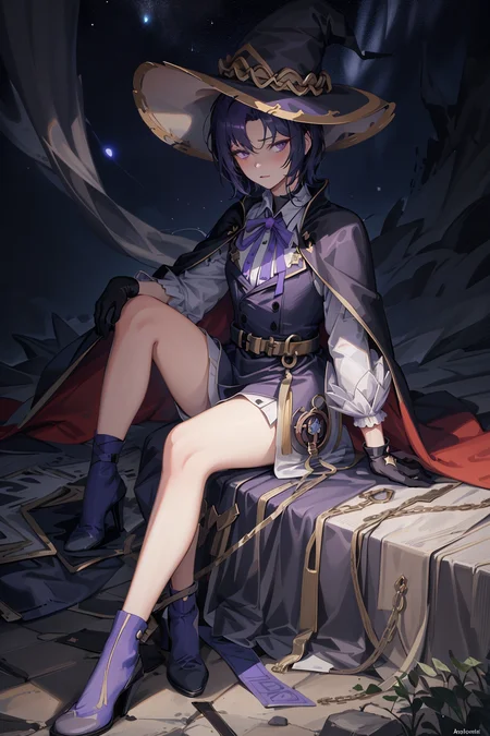 ((masterpiece:1.2, best quality)), 1girl, solo, (witch hat), dark purple hair, short hair, dress, aurora, night, star (sky), gloves, sky, white dress, night sky, starry sky, dark purple eyes, ribbon, trench coat, hair ribbon, cape, magic, casting spell, dark clouds, night, (art nouveau:1.4), (tarot:1.3), alphonse much,sideburns,(long coat:1.5),toga,robe,cassock,full body,