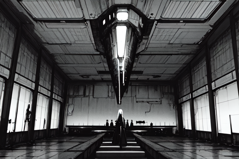 highly insanely detailed, masterpiece, top quality, best quality, highres, 4k, 8k, RAW photo, (very aesthetic, beautiful and aesthetic),  
tsutomu nihei,nihei_tsutomu,blame!,blame gakuen!,abara,TNstyle,sidonia_no_kishi,(giant room,space,spacecraft,lab,hangar,sidonia \(ship\),mausoleum),dome,lantern,cyberpunk,biomachine,bioluminescence,no human,decrepit,vast scenery,perspective,empty,dystopia,destroyed,dark background,open space, 
<lora:blameLora_v10:0.6>, 
(1girl:1.3), 
solo focus, 
Grooming Area,Elegant space with polished ebony mirrors reflecting flickering candlelight,intricately carved wooden stools arranged neatly around a central basin,jars of fragrant oils and cosmetics neatly arranged on shelves,and servants standing by with combs and brushes,blonde background,âââ