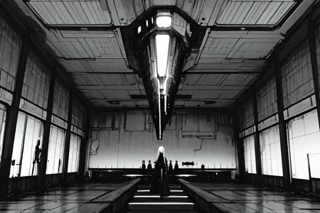 highly insanely detailed, masterpiece, top quality, best quality, highres, 4k, 8k, RAW photo, (very aesthetic, beautiful and aesthetic),
tsutomu nihei,nihei_tsutomu,blame!,blame gakuen!,abara,TNstyle,sidonia_no_kishi,(giant room,space,spacecraft,lab,hangar,sidonia \(ship\),mausoleum),dome,lantern,cyberpunk,biomachine,bioluminescence,no human,decrepit,vast scenery,perspective,empty,dystopia,destroyed,dark background,open space,
<lora:blameLora_v10:0.6>,
(1girl:1.3),
solo focus,
Grooming Area,Elegant space with polished ebony mirrors reflecting flickering candlelight,intricately carved wooden stools arranged neatly around a central basin,jars of fragrant oils and cosmetics neatly arranged on shelves,and servants standing by with combs and brushes,blonde background,âââ