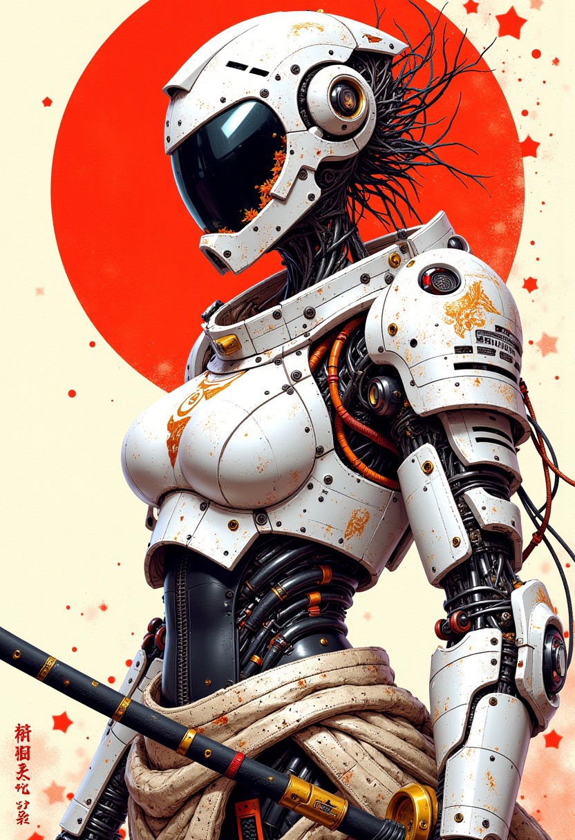 mythp0rt, traditional japanese art style, ink on paper, wabi-sabi, henna and carmine, sepia, BREAK, cyberpunk robot samurai woman, robot face with mirrored face shield, hyperdetailed helmet, white and neon armor, robot joints, body made of metals, cables and wires, holding a katana by the hilt, red sun