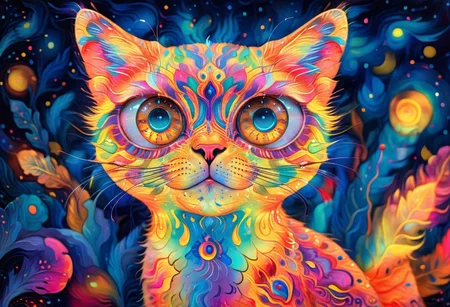 Radiant, big-eyed fluffy cat at night, abstract art by Anne Truitt, Synthetism, psychedelic colors, psychadelicchaos, psychadelic, sharp focus, highly intricate, full color, confident, intricate artistic color, handsome
