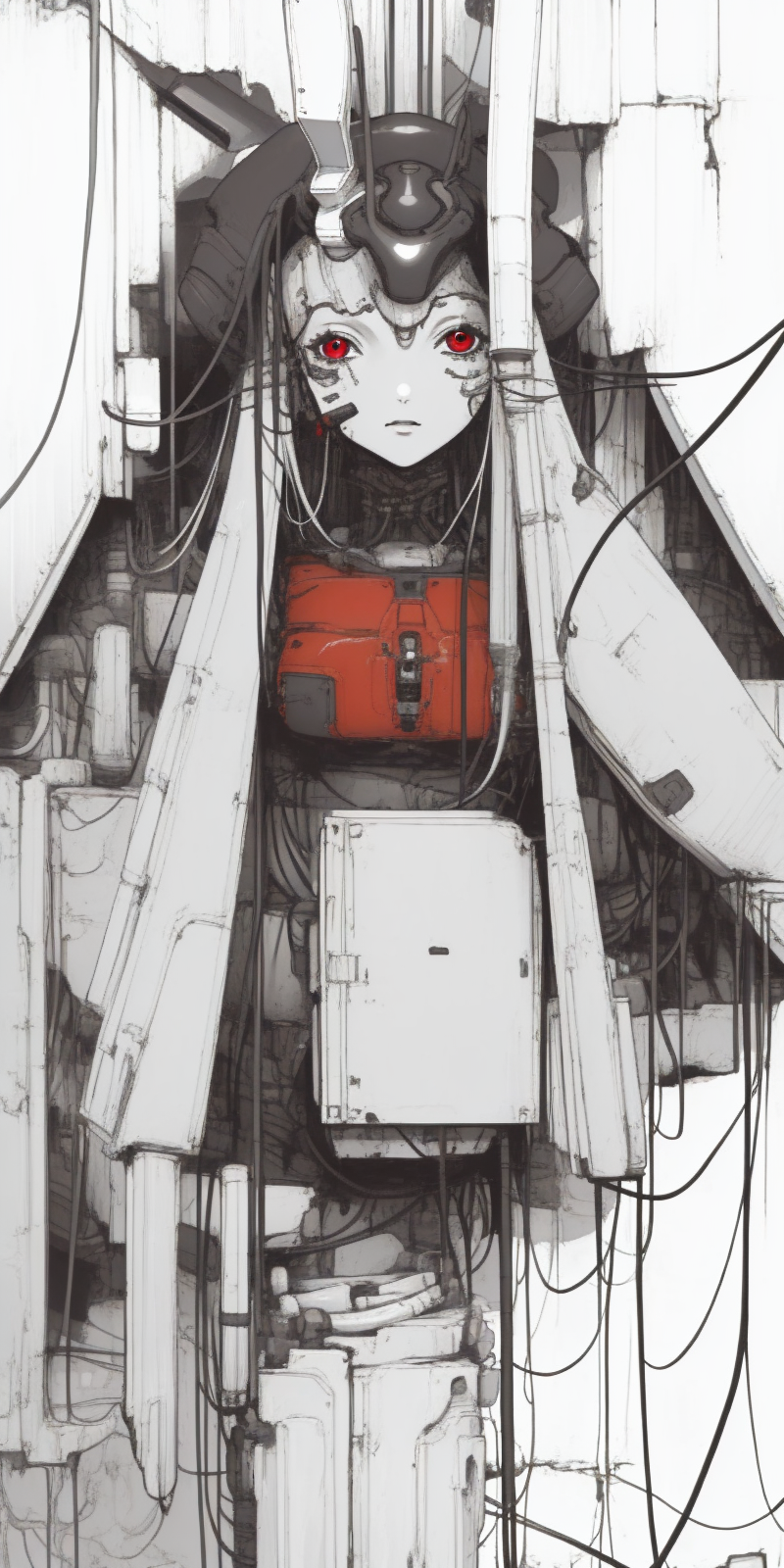 (masterpiece, best quality),bust,heavy black and white, dim light,cyborg,1girl,standing,tubes and cables,Reisen,looking at viewer,long hair, red eyes,wall,<lora:Blame!:1>,
